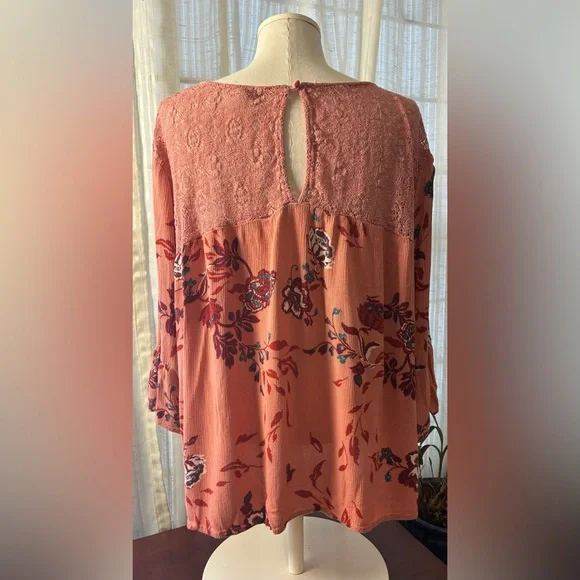 Eyeshadow Coral Floral Long Sleeve Peasant Top - Picture 7 of 11